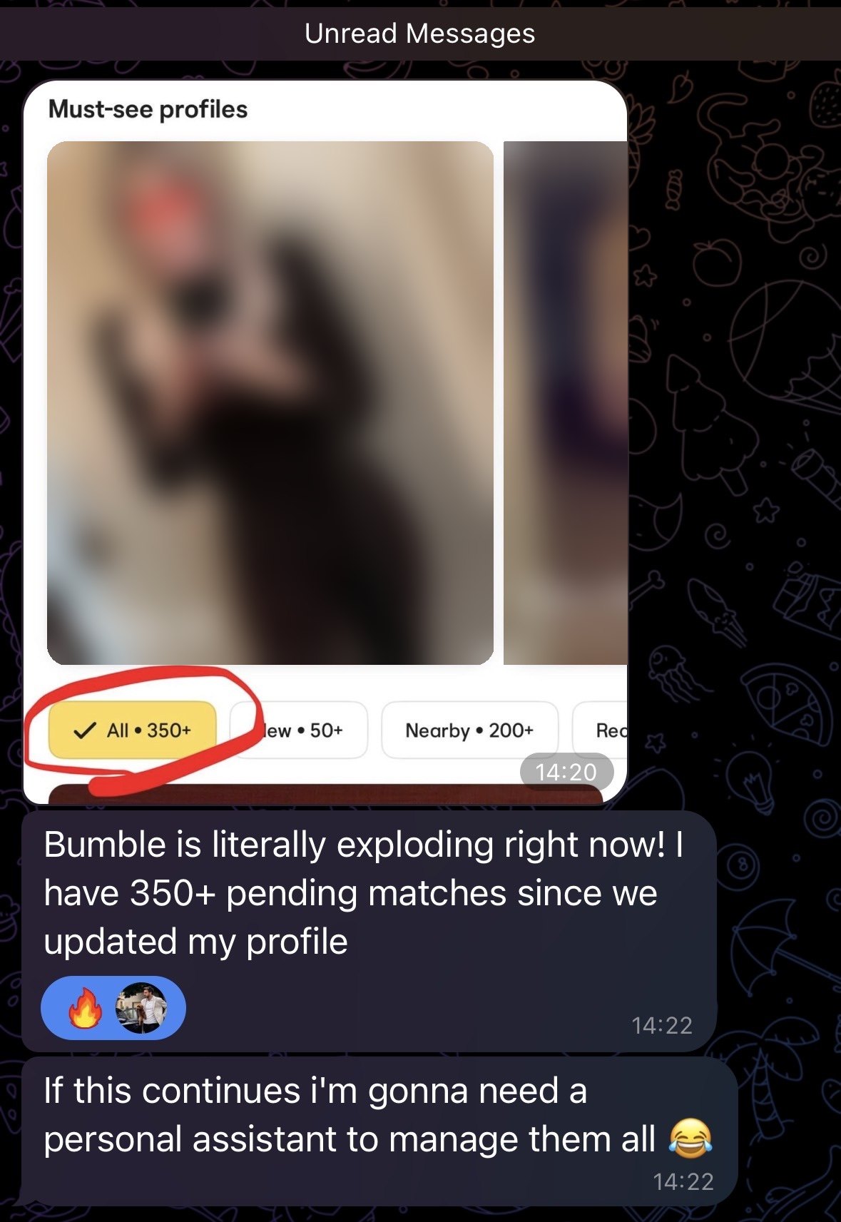 A client's message: 350+ pending matches on Bumble since we updated his profile